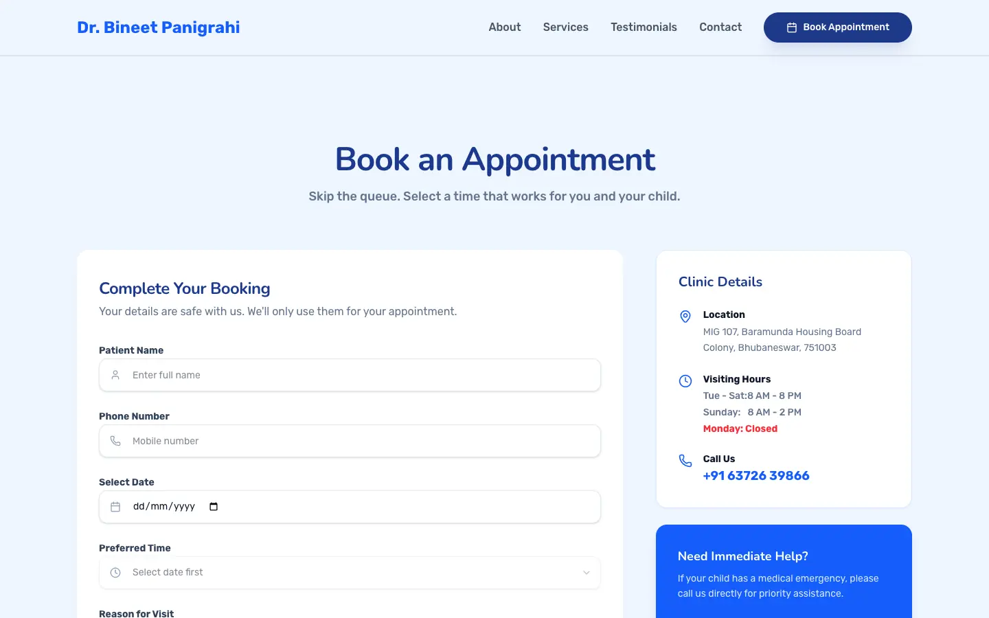 Book an appointment page with clinic details