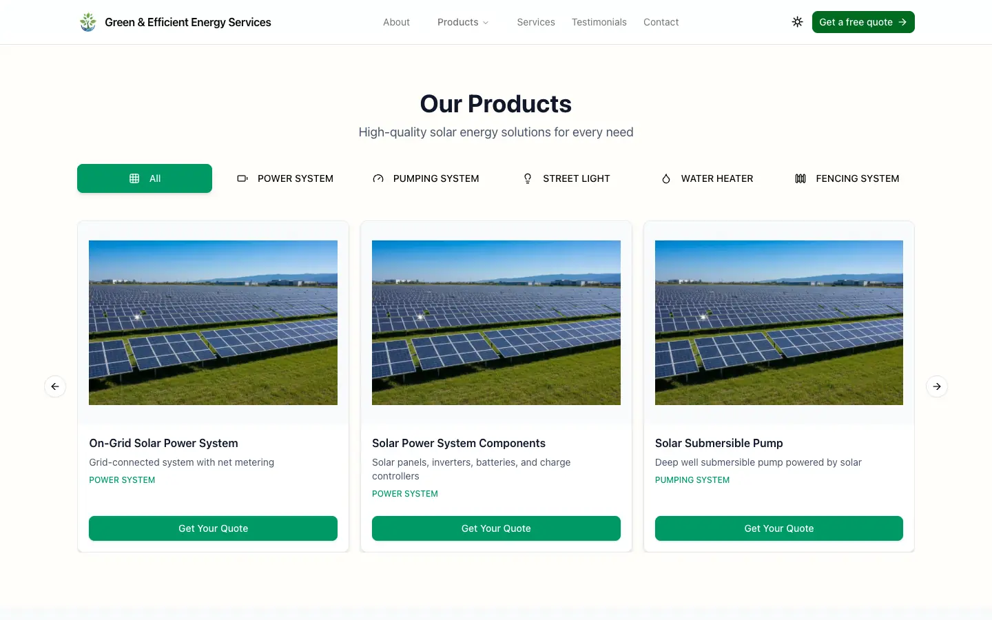 Solar product catalogue with category filters