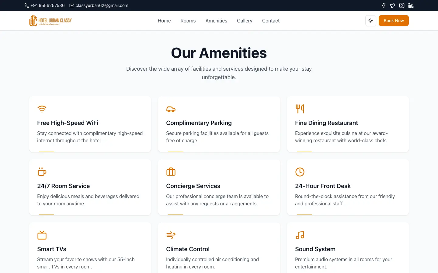 Amenities page with icons for each facility