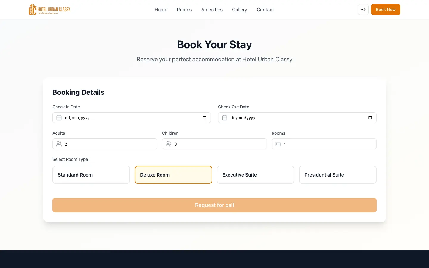 Book your stay form with dates, guests and room type