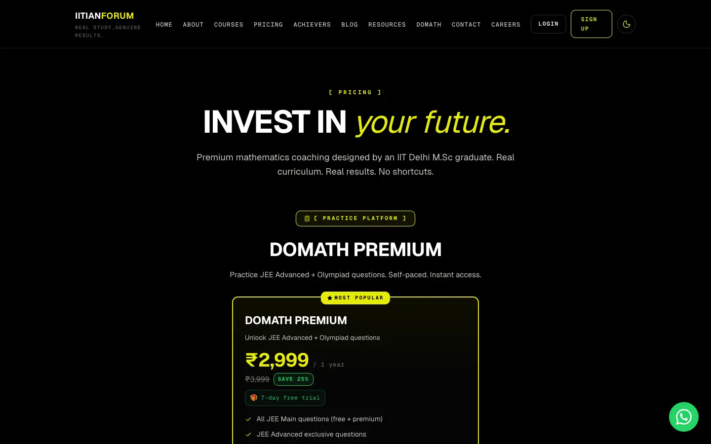 IITian Forum pricing page with the doMath Premium plan