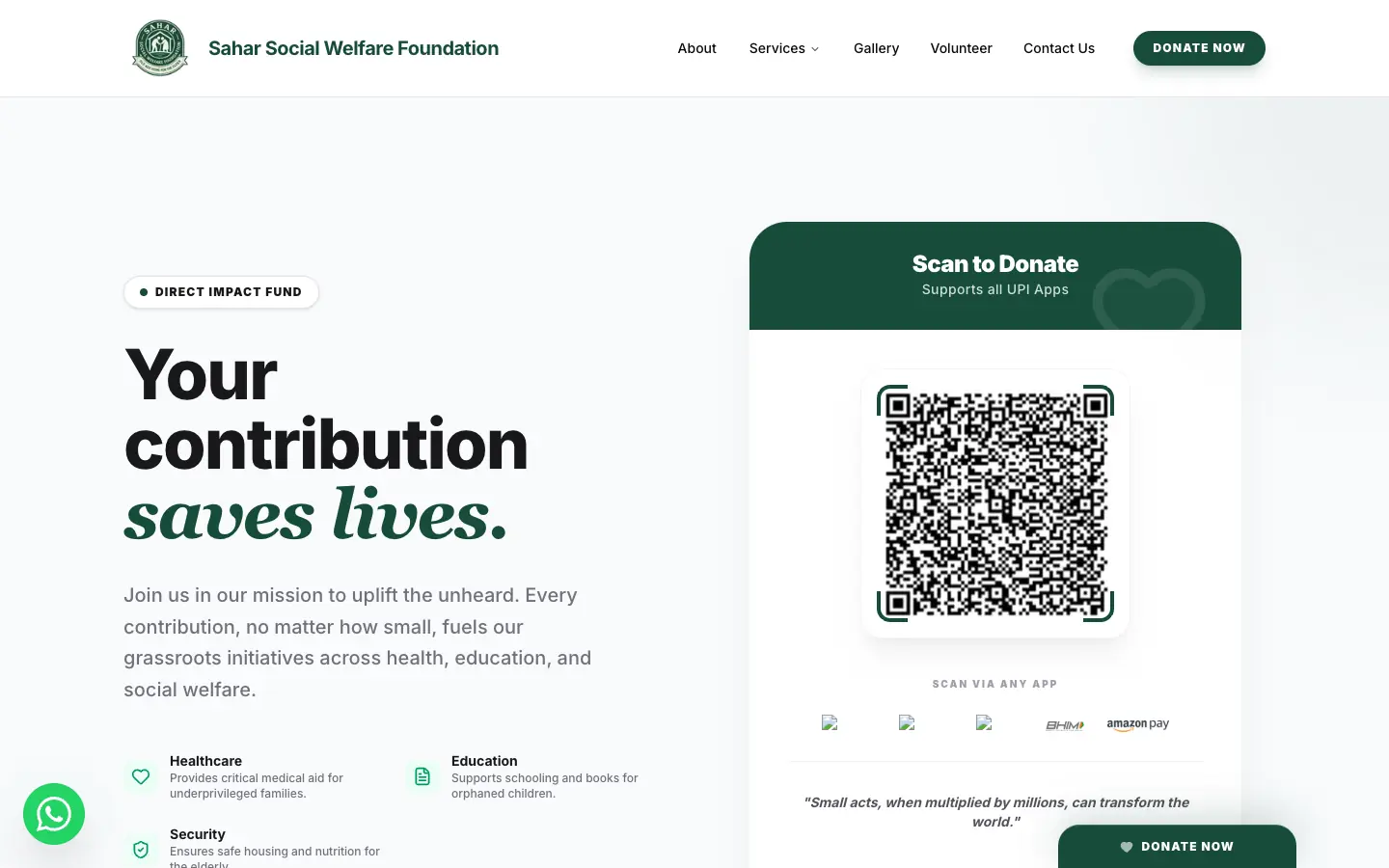 Donation page with a UPI QR code